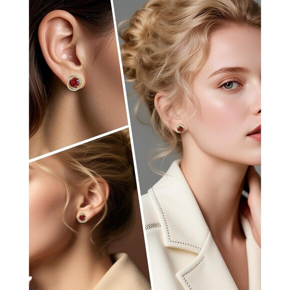 Women's Gold Plated Crystal Birthstone Adopt Circle Beautiful Red Earrings - Picture 5 of 8